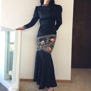 Vintage Ann Lawrence Silk Plisse Full Length Fish Tail Evening Gown